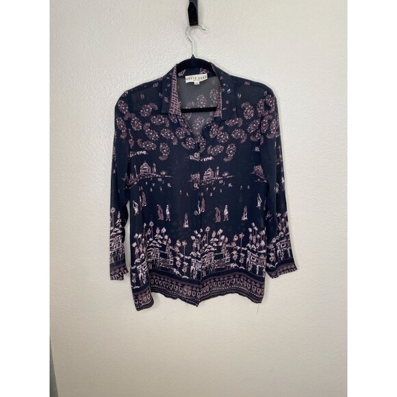 Vintage David Dart Petites Womens Black Lavender Button-Up Blouse M Rayon Collar - Picture 1 of 7
